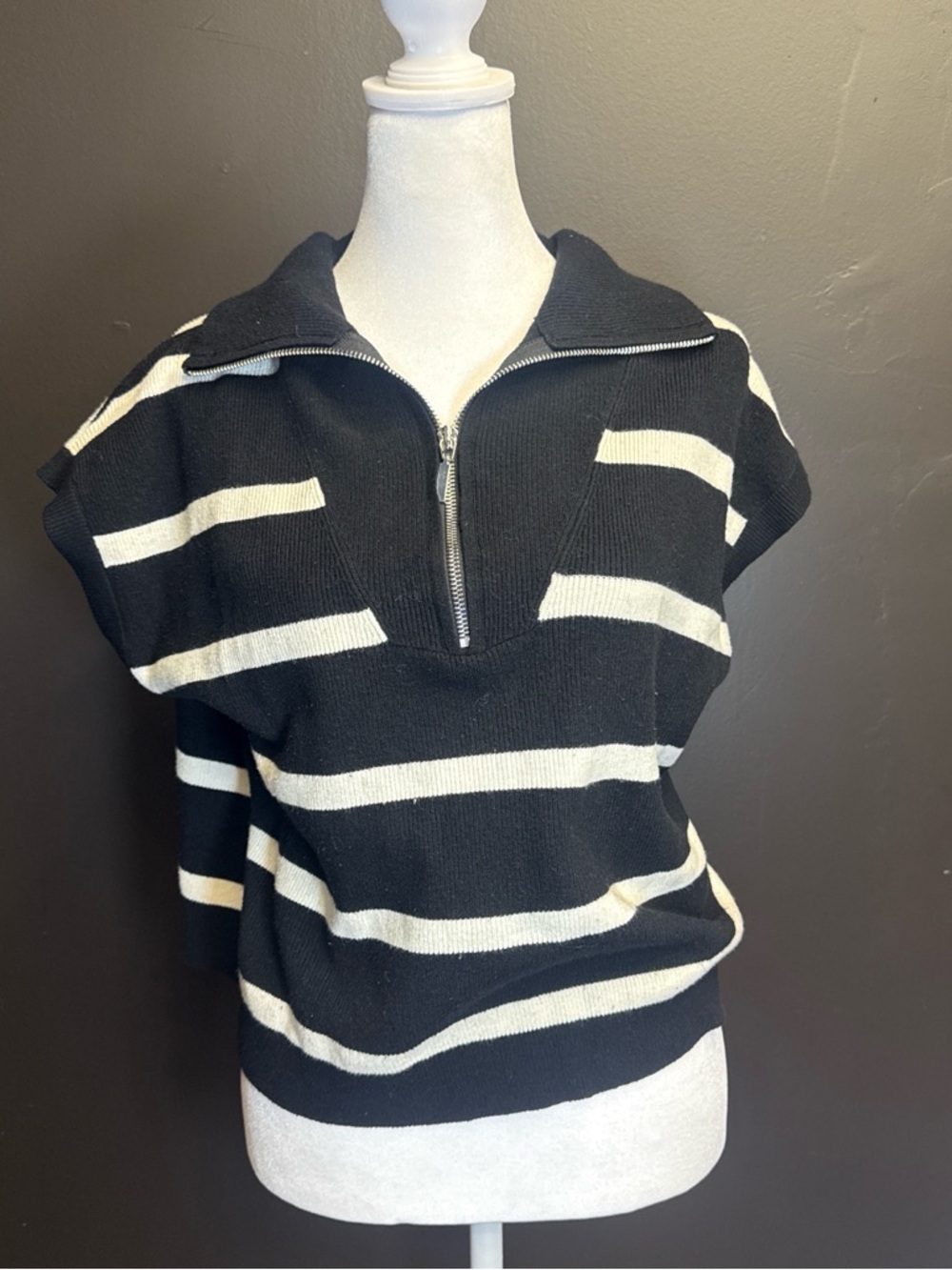 Belldini Black and White Striped Zip-Collar Sweater